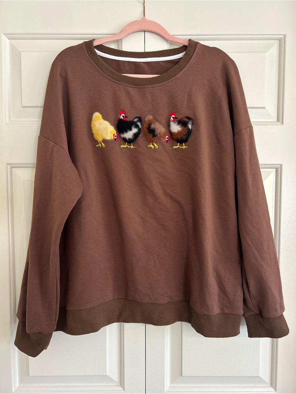 Cotton Blend Crewneck Sweatshirt Farmhouse Fluffy Chickens Brown, Women XL XXL